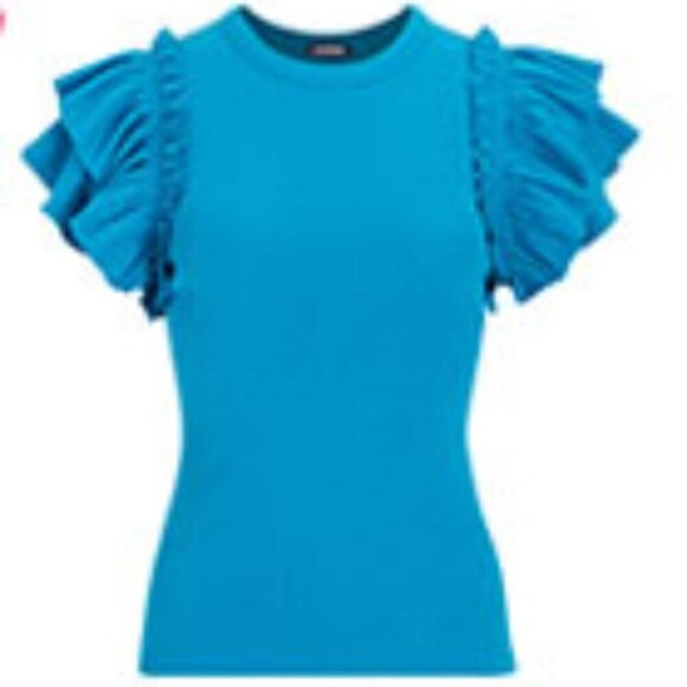 EXPRESS WOMEN'S RIBBED RUFFLES TOP TEE BLOUSESHORT SLEEVE BLUE XS NWOT